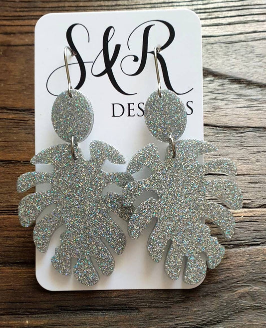 Silver Large Monstera Leaf Long Dangle Earrings, Silver Holographic Glitter Resin Dangle Statement Earrings