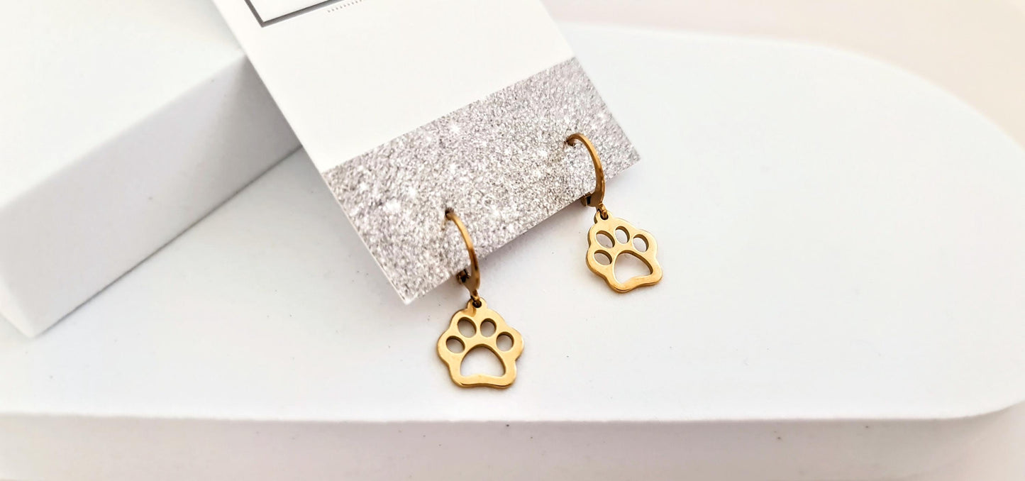 Paw Print Earrings, Gold PVD Stainless Steel Dangle Leverback Earrings.