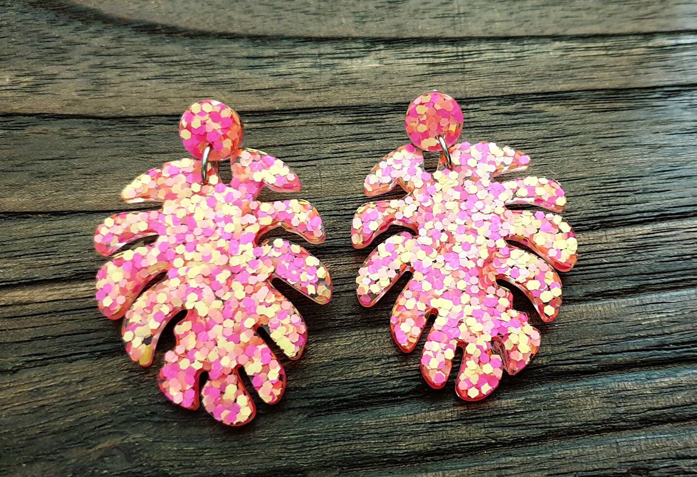 Large Monstera Leaf Long Dangle Stud Earrings, Neon Yellow Pink Orange Glitter Resin Dangle Statement Earrings