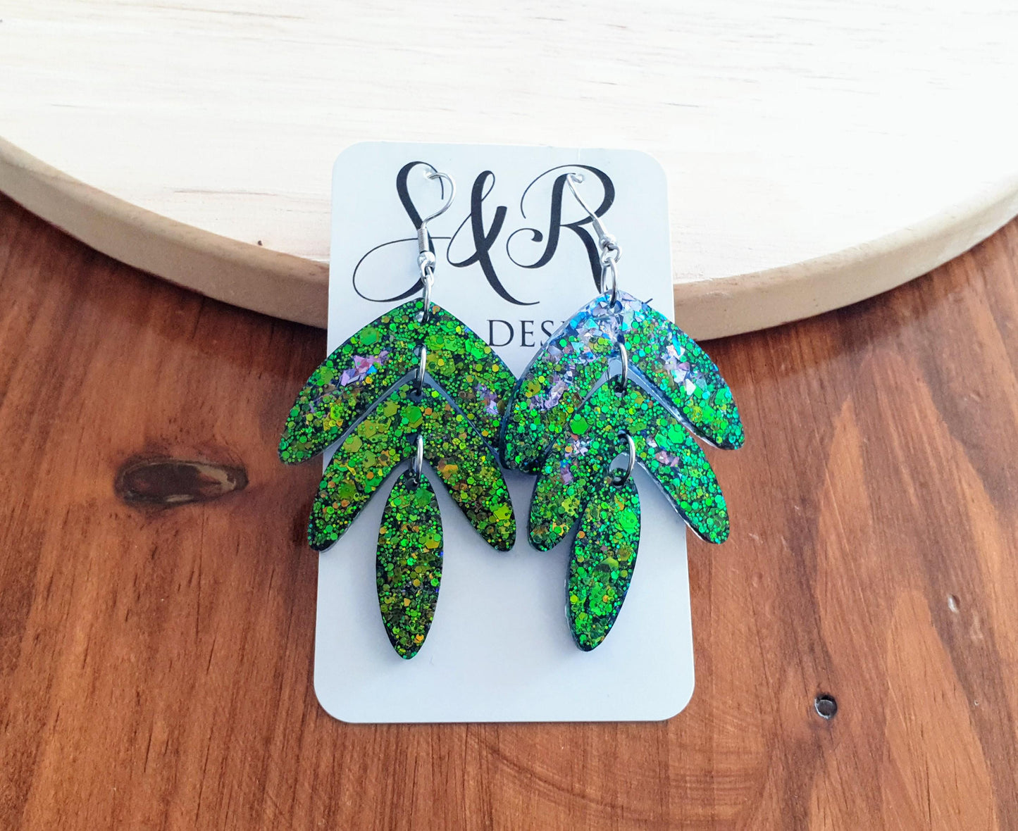 Statement Leaves Long Drop Hook Earrings. Blue-green purple chameleon changing glitter resin dangles, Stunning Chandelier Earwire Dangles