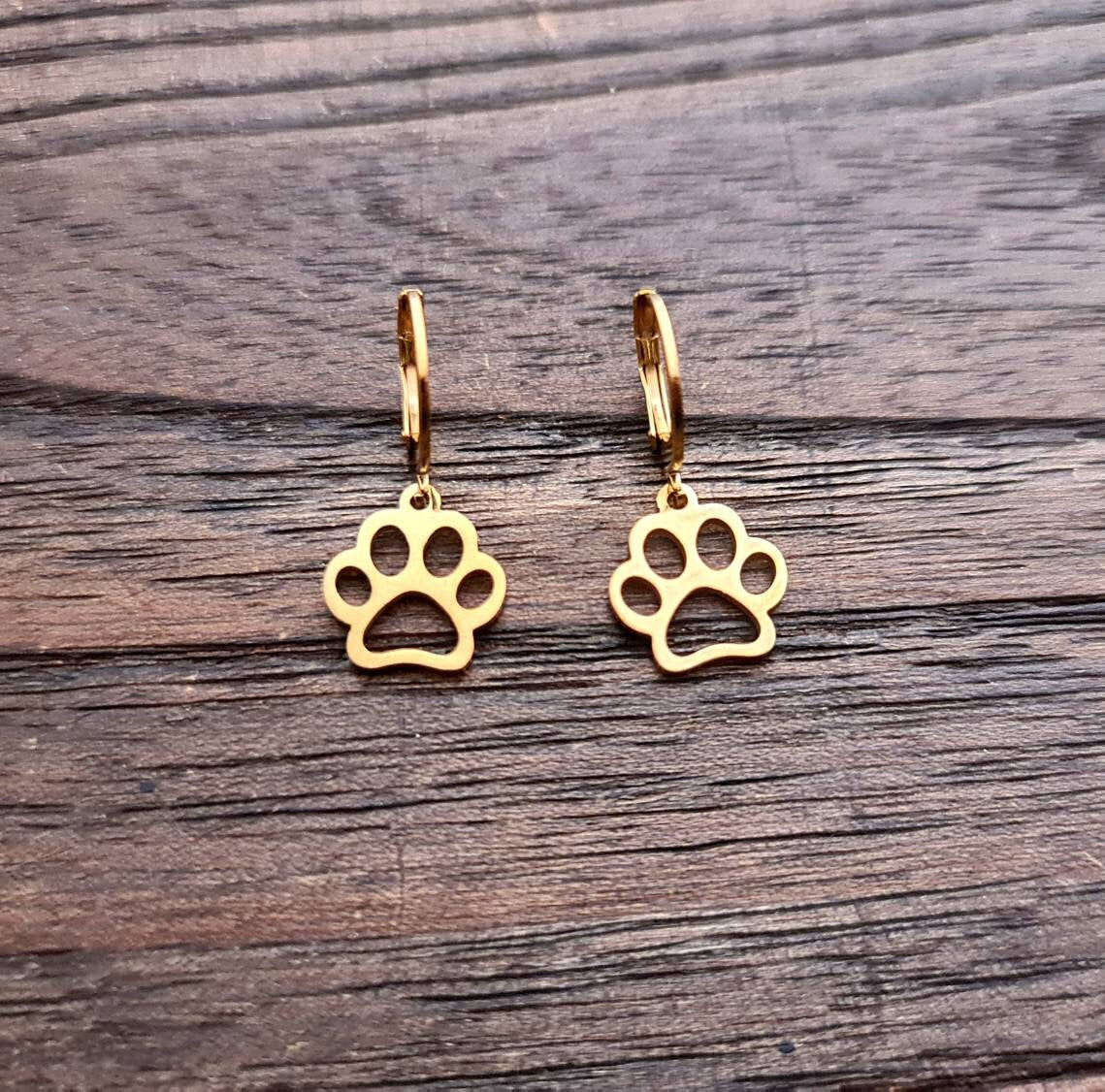 Paw Print Earrings, Gold PVD Stainless Steel Dangle Leverback Earrings.
