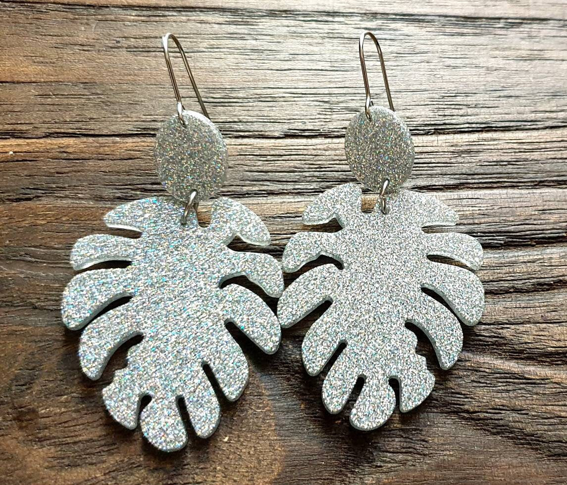 Silver Large Monstera Leaf Long Dangle Earrings, Silver Holographic Glitter Resin Dangle Statement Earrings