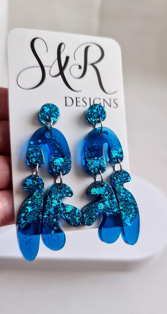 Translucent Blue Fluer Design Eattings, Multi Shape Dangle Long Drops, Blue Mix Glitter Statement Handmade Dangles, Hypoallergenic Gift.