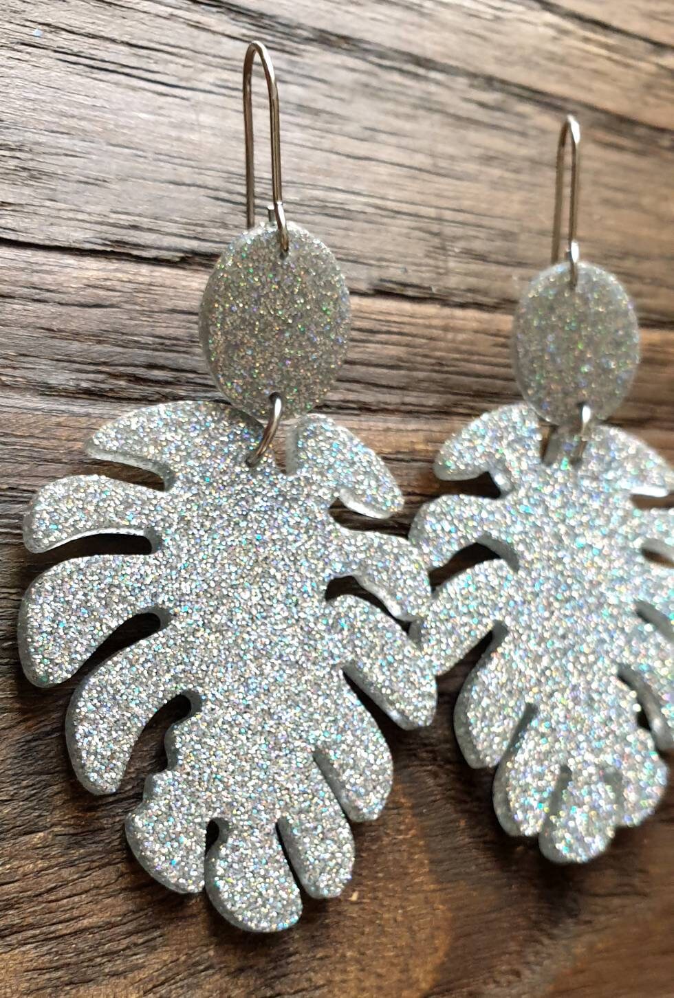 Silver Large Monstera Leaf Long Dangle Earrings, Silver Holographic Glitter Resin Dangle Statement Earrings