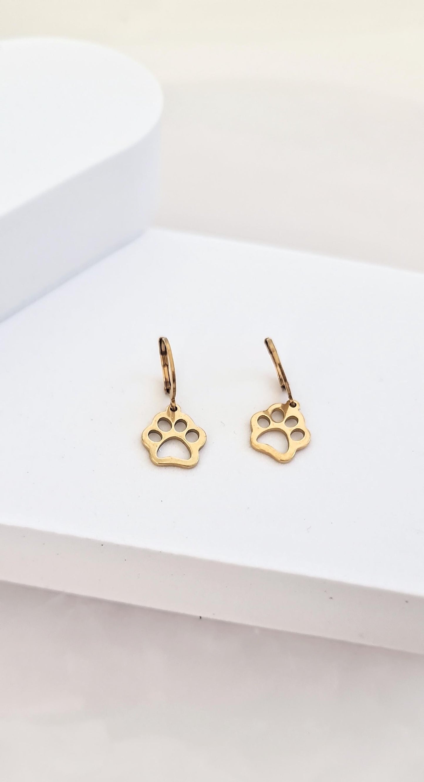 Paw Print Earrings, Gold PVD Stainless Steel Dangle Leverback Earrings.