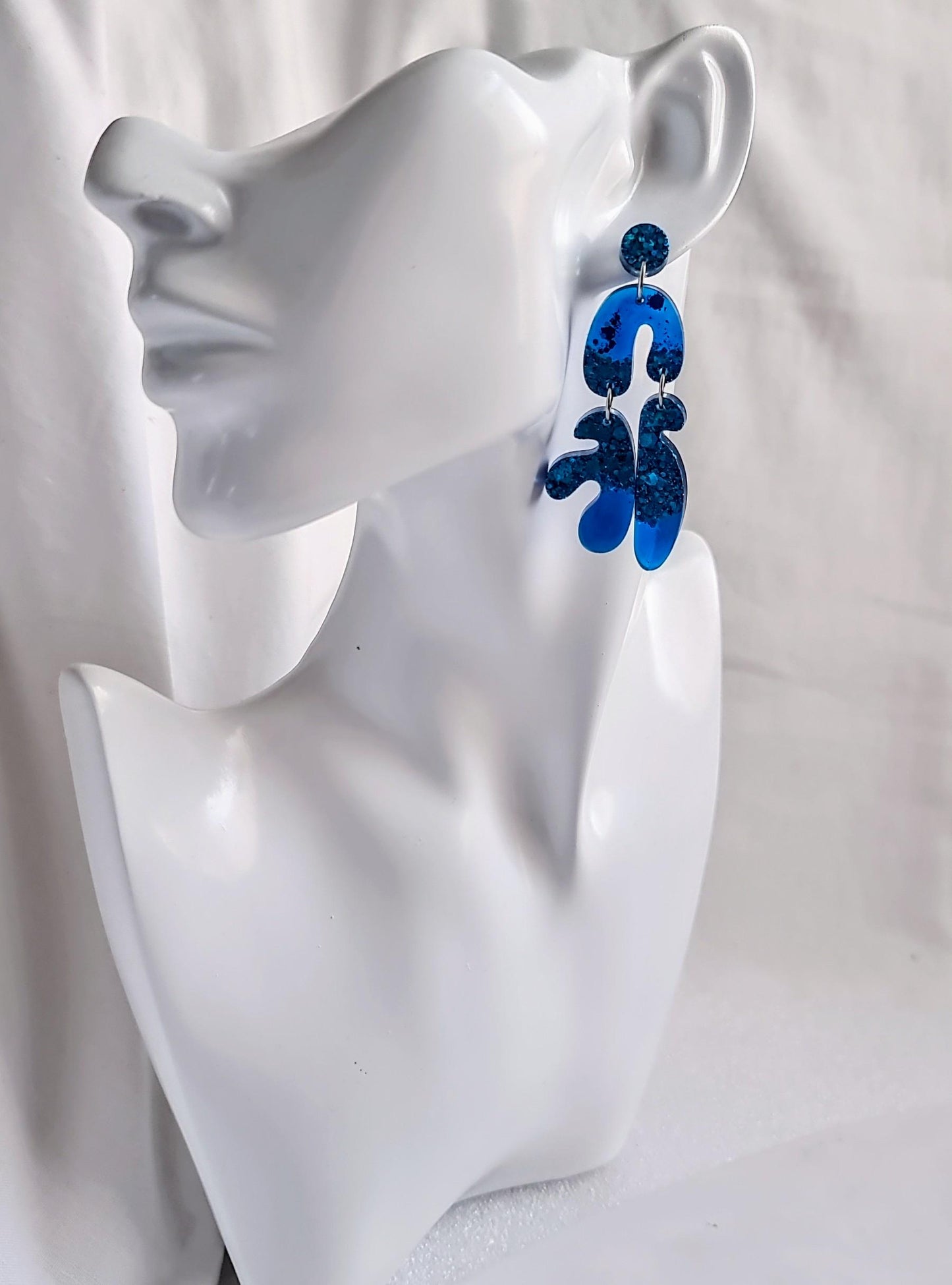Translucent Blue Fluer Design Eattings, Multi Shape Dangle Long Drops, Blue Mix Glitter Statement Handmade Dangles, Hypoallergenic Gift.