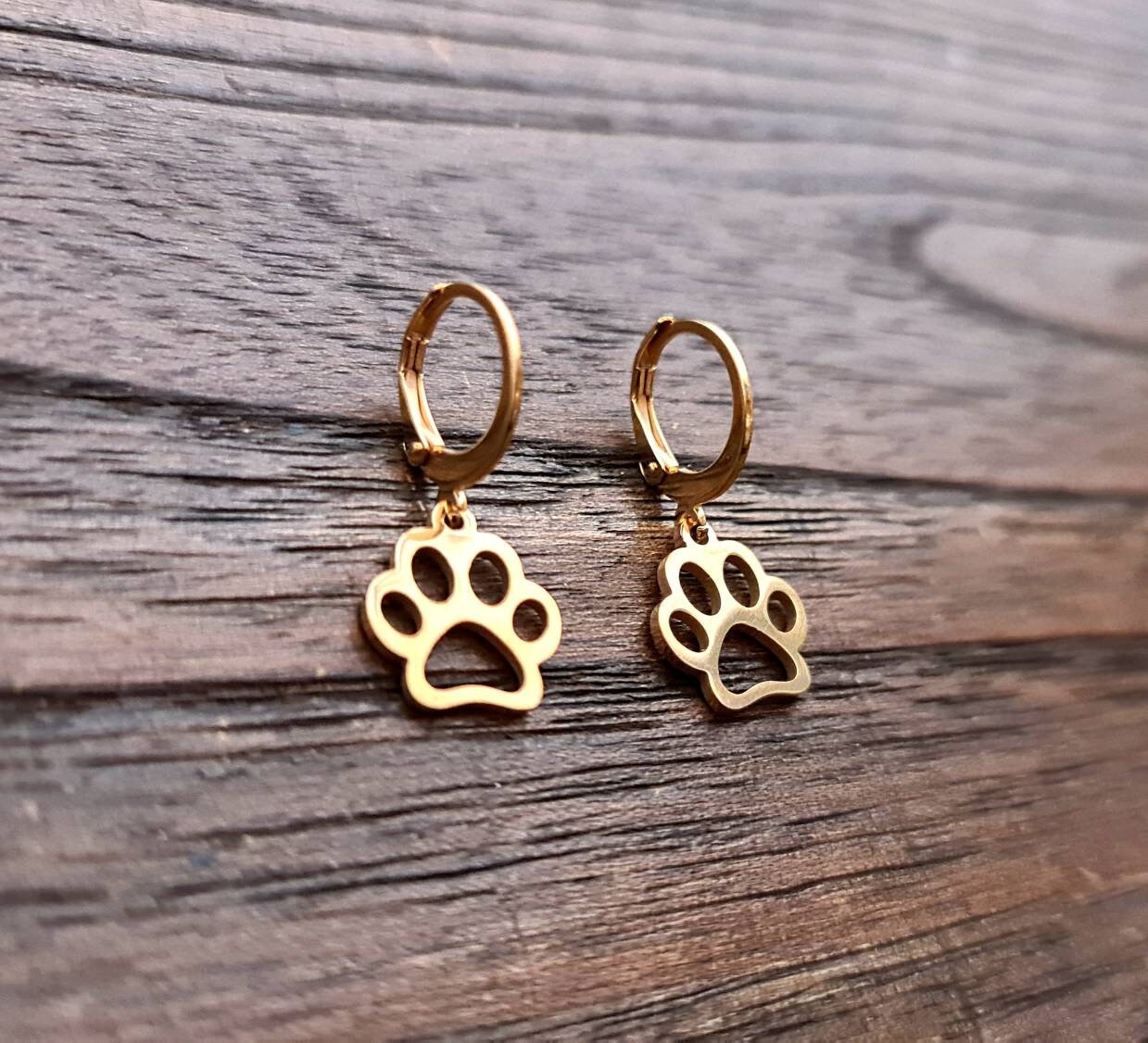 Paw Print Earrings, Gold PVD Stainless Steel Dangle Leverback Earrings.