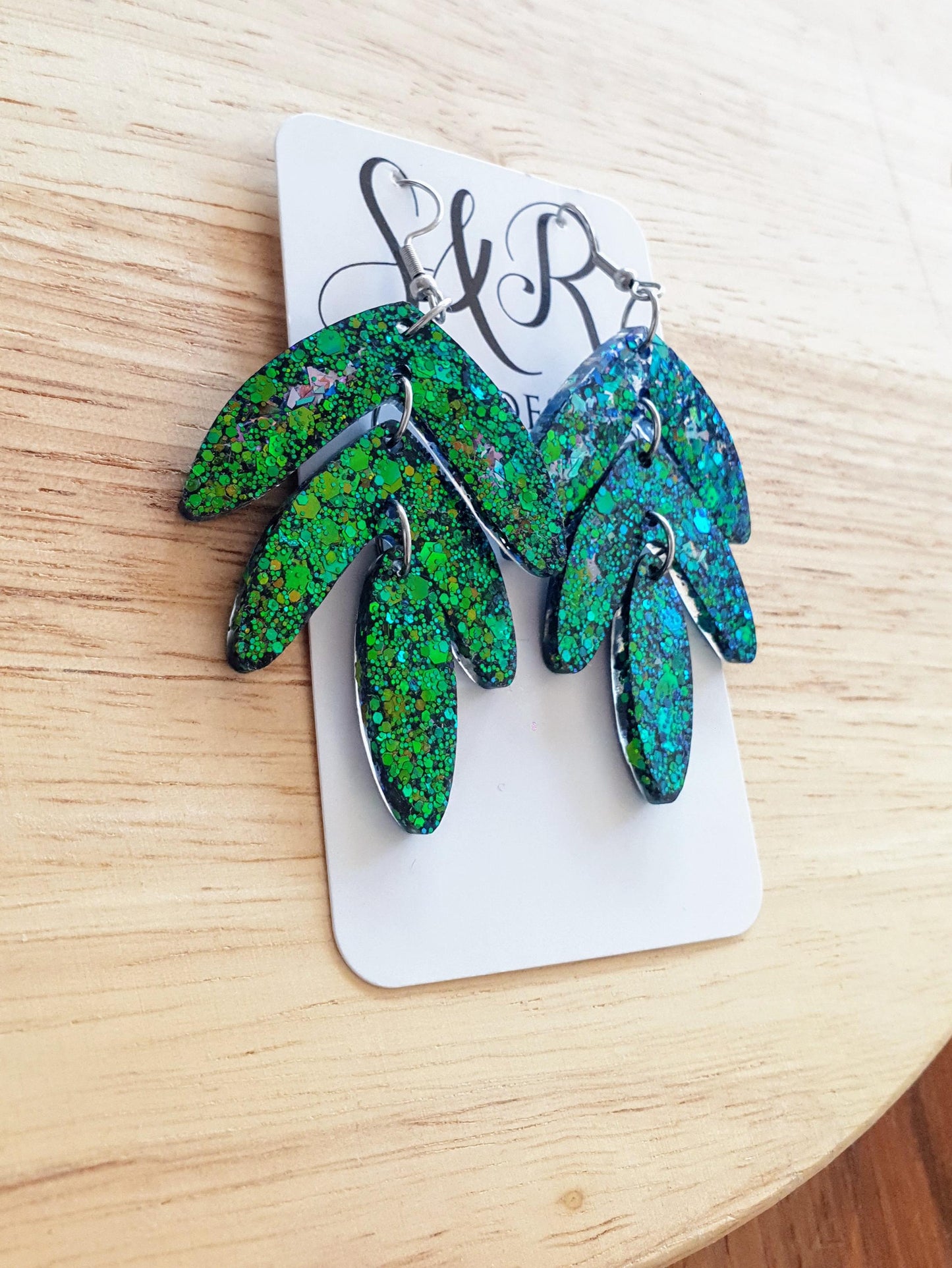 Statement Leaves Long Drop Hook Earrings. Blue-green purple chameleon changing glitter resin dangles, Stunning Chandelier Earwire Dangles