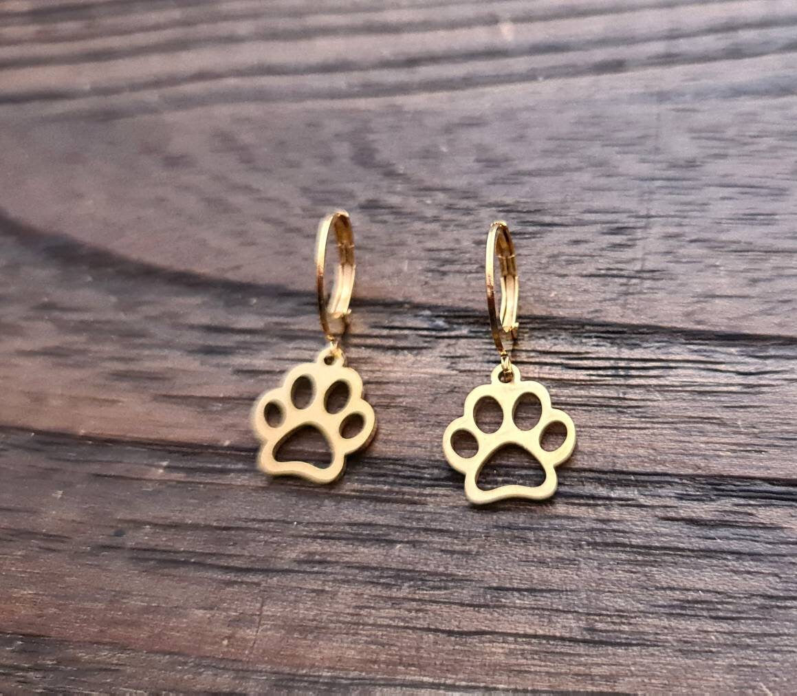 Paw Print Earrings, Gold PVD Stainless Steel Dangle Leverback Earrings.