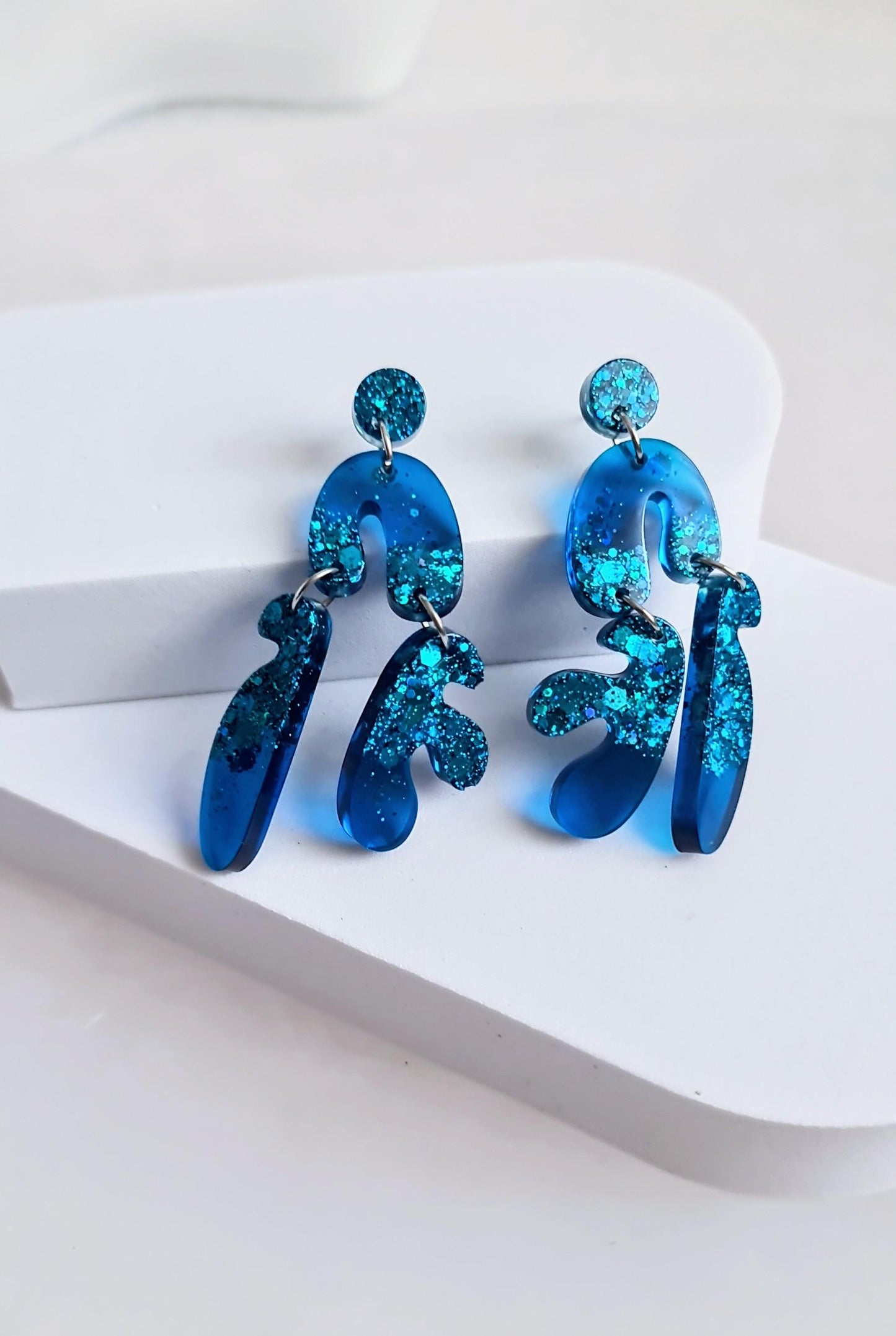 Translucent Blue Fluer Design Eattings, Multi Shape Dangle Long Drops, Blue Mix Glitter Statement Handmade Dangles, Hypoallergenic Gift.