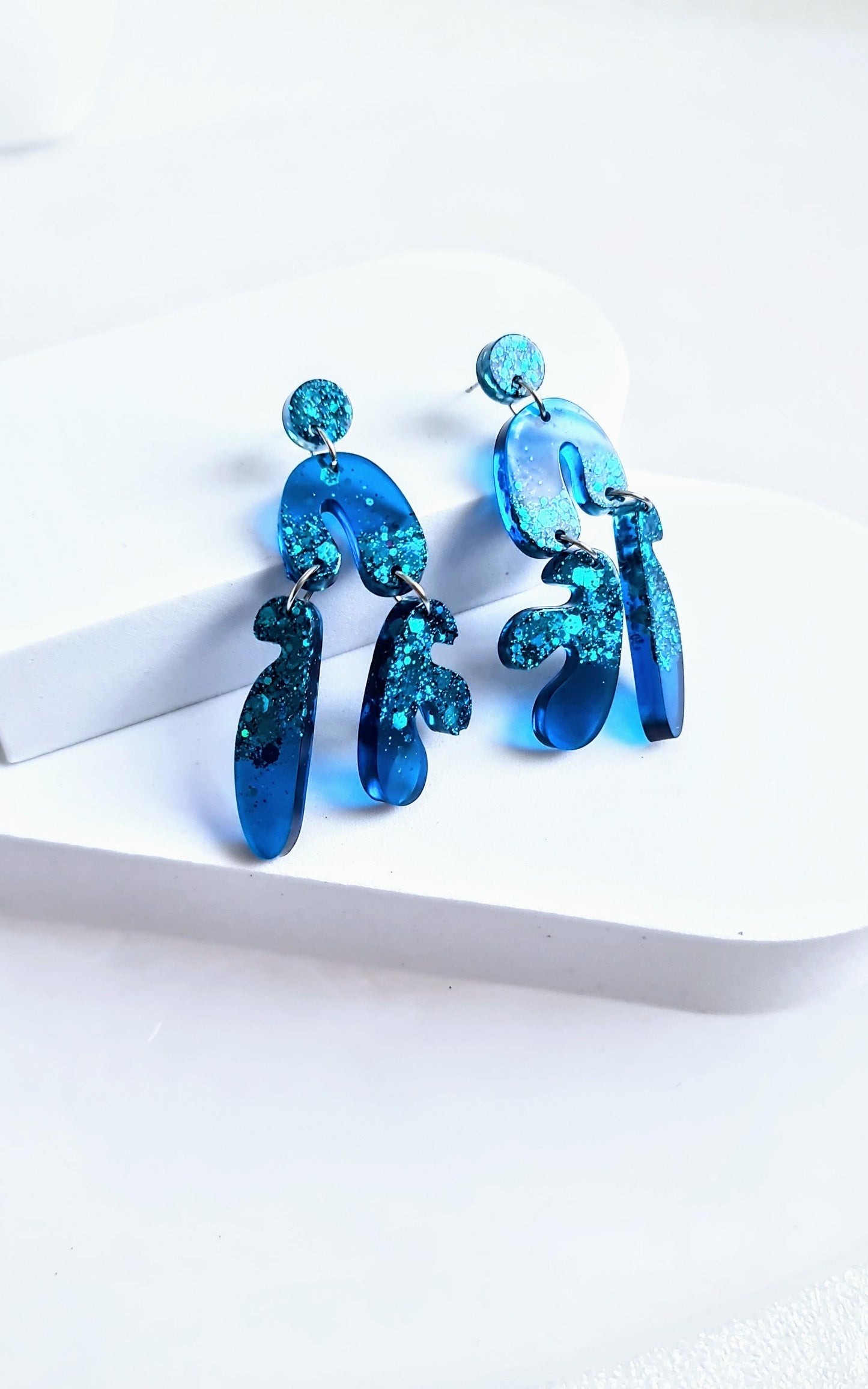 Translucent Blue Fluer Design Eattings, Multi Shape Dangle Long Drops, Blue Mix Glitter Statement Handmade Dangles, Hypoallergenic Gift.