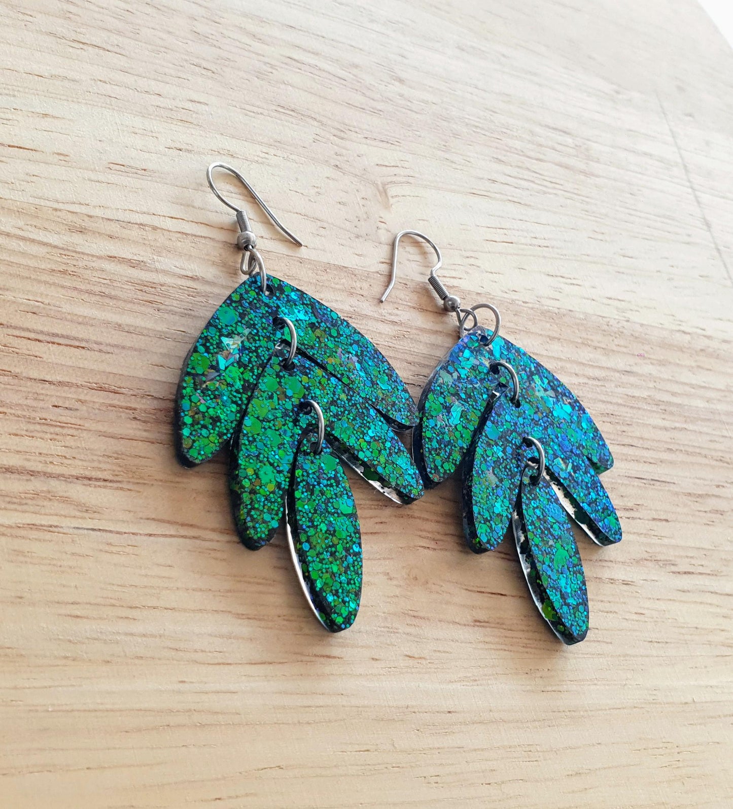 Statement Leaves Long Drop Hook Earrings. Blue-green purple chameleon changing glitter resin dangles, Stunning Chandelier Earwire Dangles