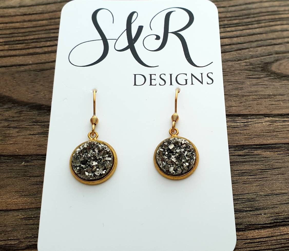 Charcoal Grey Sparkly Faux Druzy Dangle Earrings made of Stainless Steel Gold