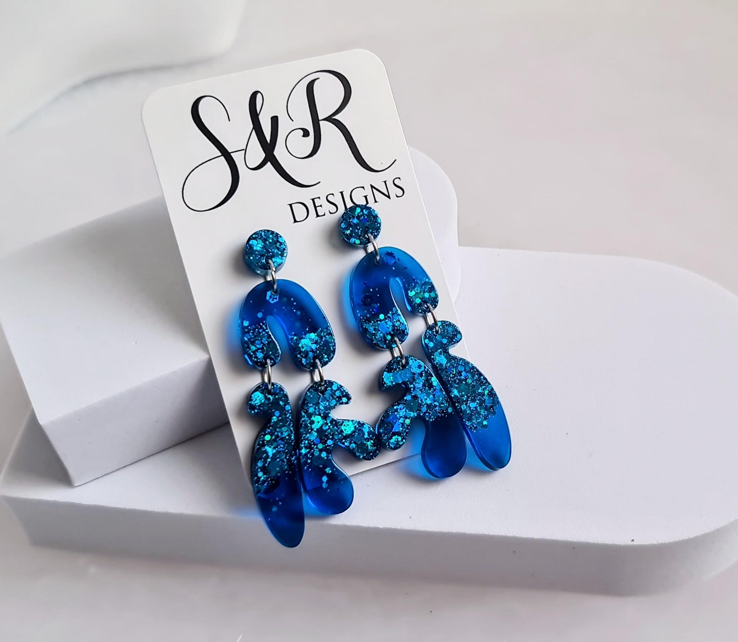 Translucent Blue Fluer Design Eattings, Multi Shape Dangle Long Drops, Blue Mix Glitter Statement Handmade Dangles, Hypoallergenic Gift.