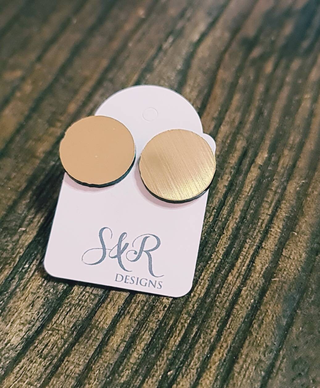 Metalic Gold Circle Stud Earrings, Acrylic Earrings, Stainless Steel Earrings.