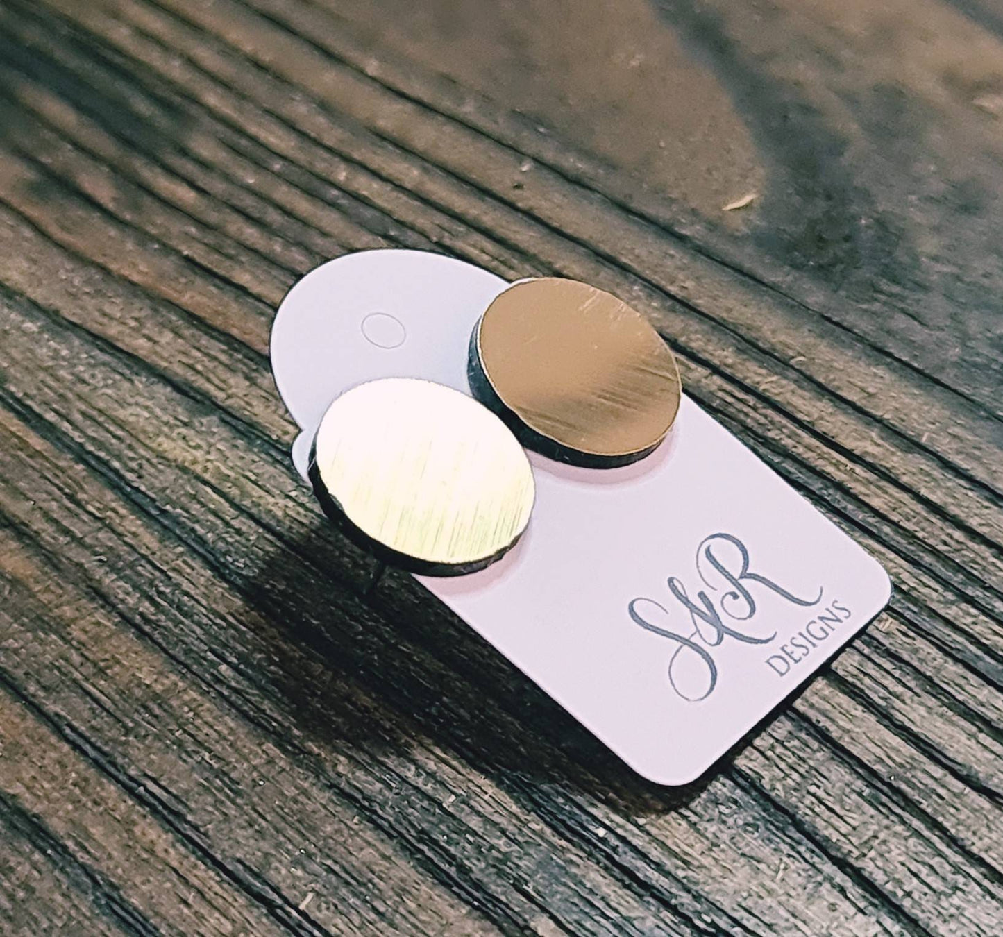 Metalic Gold Circle Stud Earrings, Acrylic Earrings, Stainless Steel Earrings.