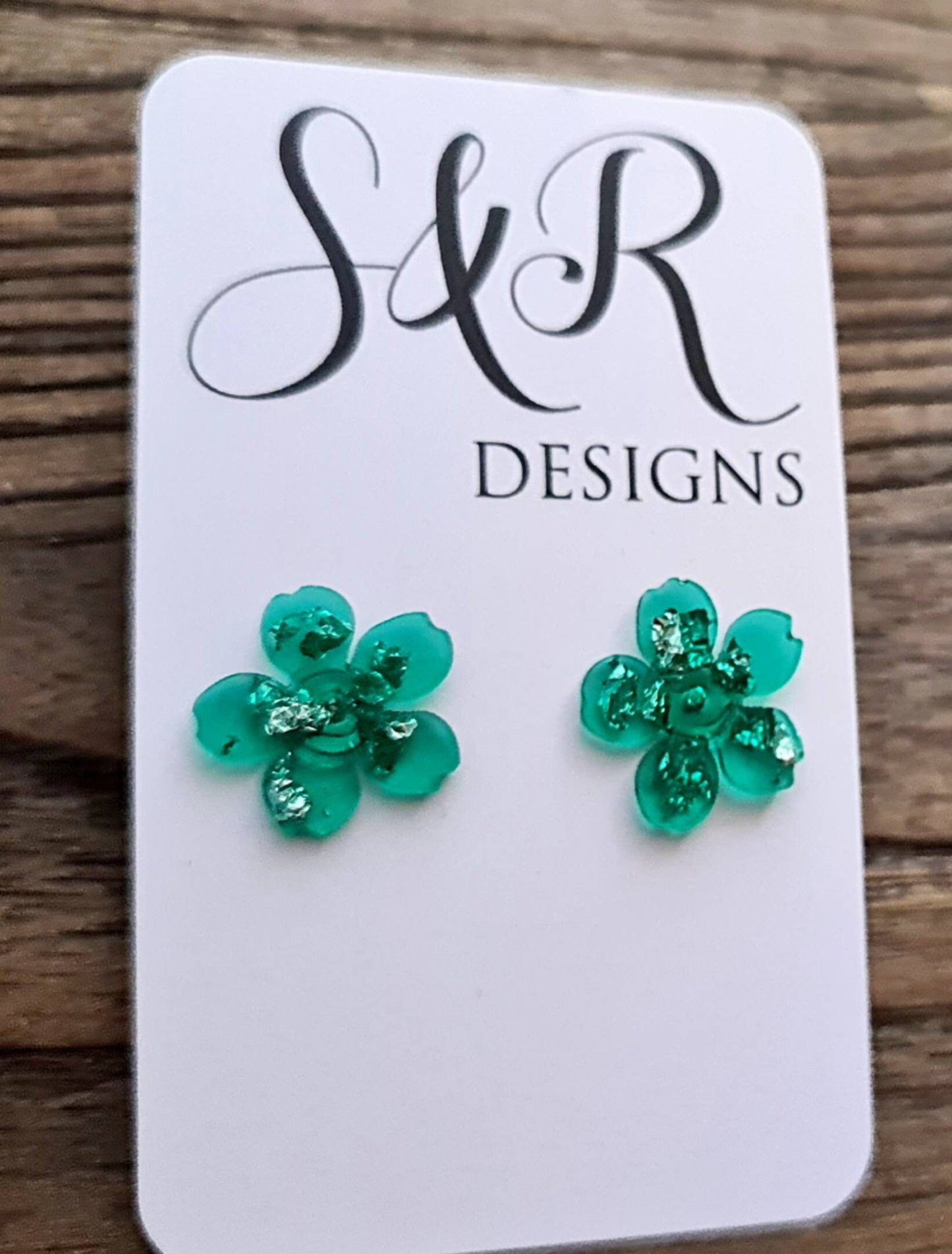 Flower Earrings, Resin Earrings, Green Silver Leaf Earrings