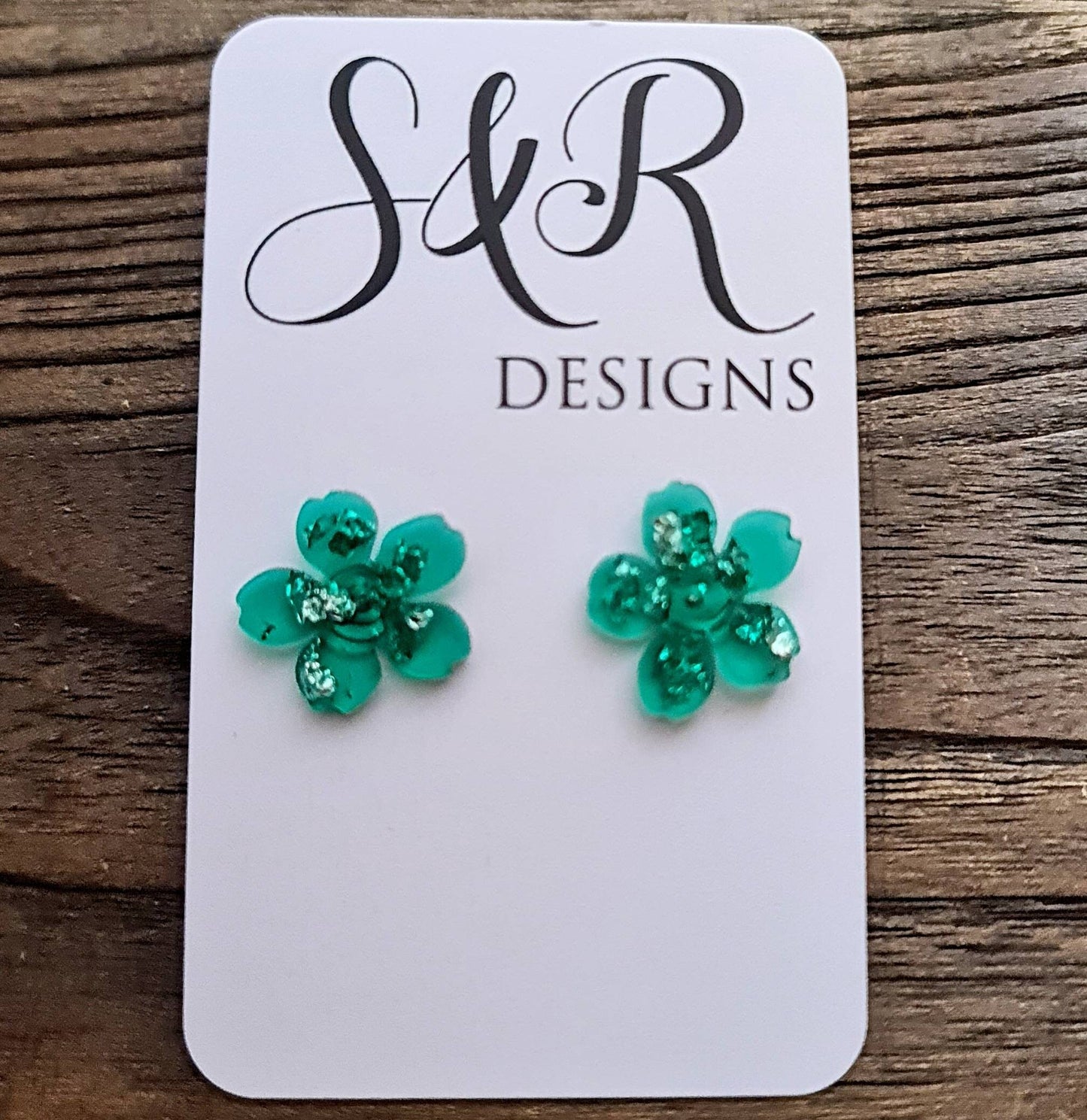 Flower Earrings, Resin Earrings, Green Silver Leaf Earrings