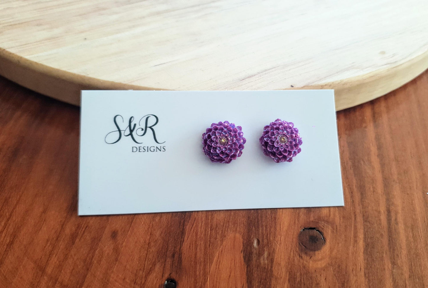 Flower Stud Earrings, Purple Chrysanthemum Flower Studs, Purple mix and Gold Resin, Stainless Steel Earrings