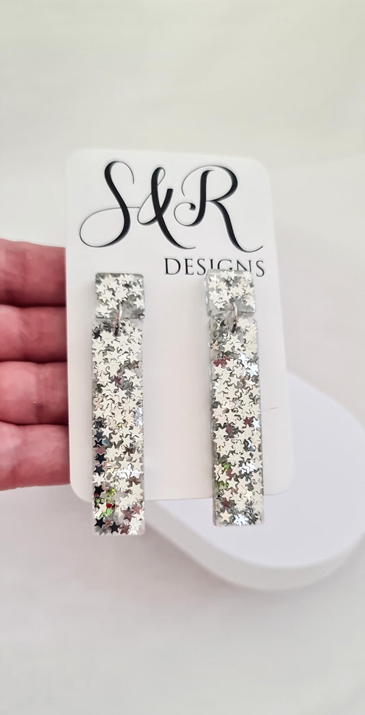 Silver Stars Dangle Earrings, Statement Earrings, Sparkly Glitter Bar Earrings, Lightweight Party Jewelry, Unique Rectangle Bar, Gift