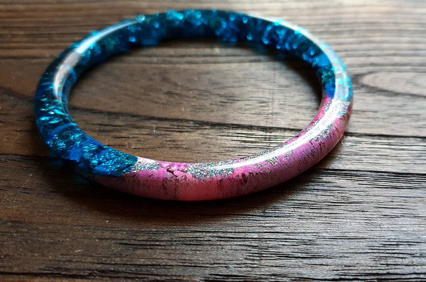 Statement Resin Bangle, Colourful Mixed Bangle, Blue Silver Leaf, Glitter, Pink Ink 66mm Diameter
