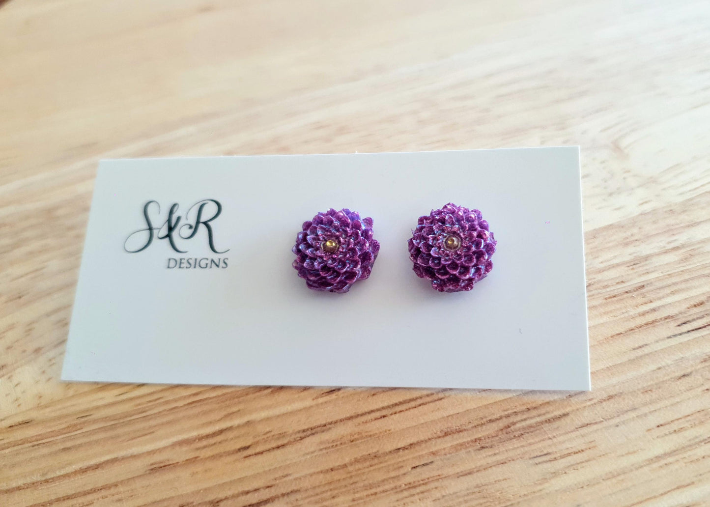 Flower Stud Earrings, Purple Chrysanthemum Flower Studs, Purple mix and Gold Resin, Stainless Steel Earrings