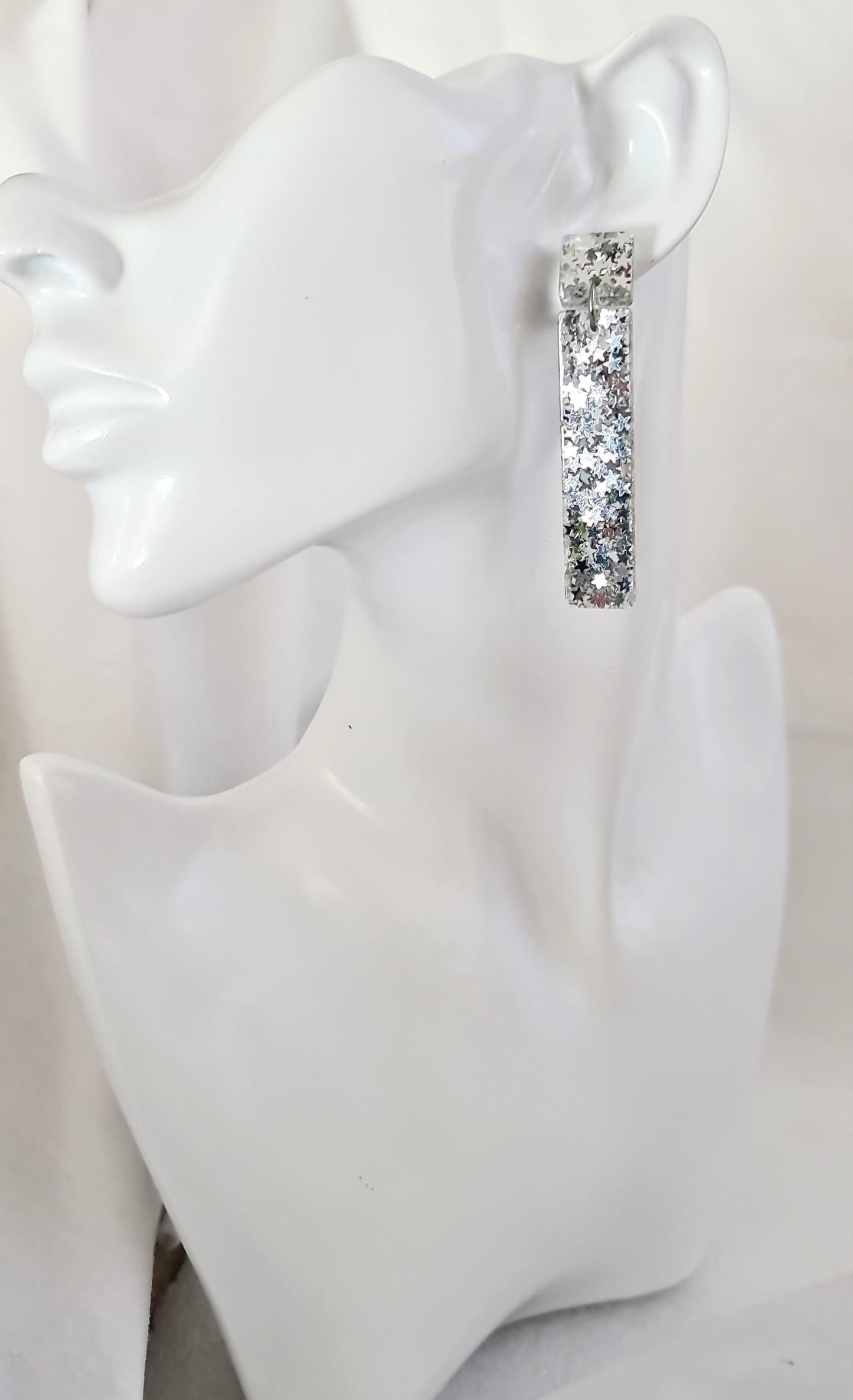 Silver Stars Dangle Earrings, Statement Earrings, Sparkly Glitter Bar Earrings, Lightweight Party Jewelry, Unique Rectangle Bar, Gift