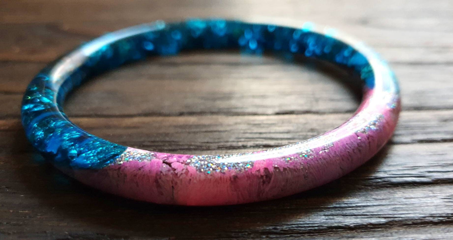 Statement Resin Bangle, Colourful Mixed Bangle, Blue Silver Leaf, Glitter, Pink Ink 66mm Diameter