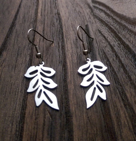 Silver Leaf Earrings, Long Leaf design Earrings, Stainless Steel Dangle Earrings