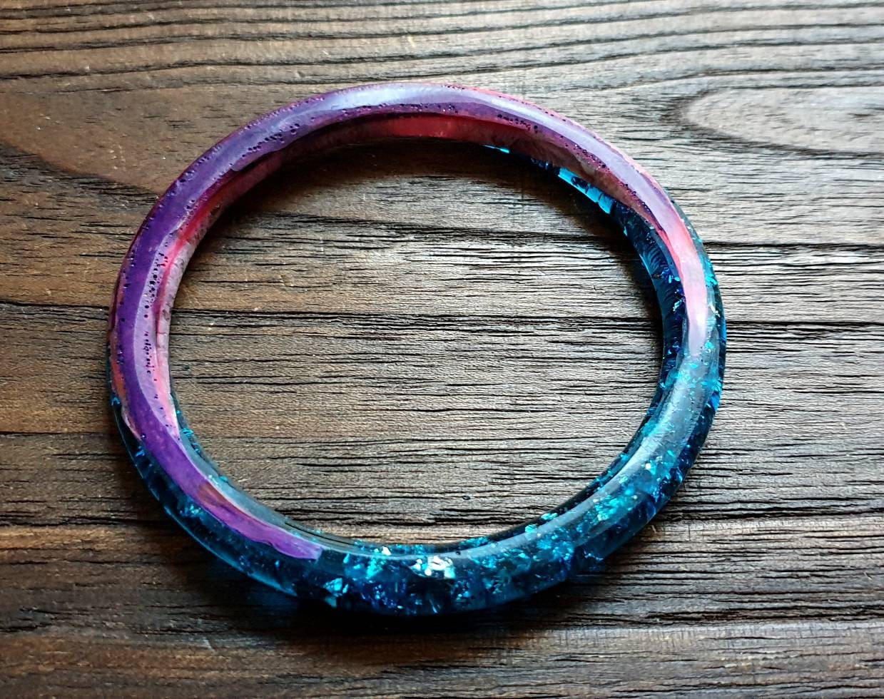 Statement Resin Bangle, Colourful Mixed Bangle, Blue Silver Leaf, Glitter, Pink Ink 66mm Diameter