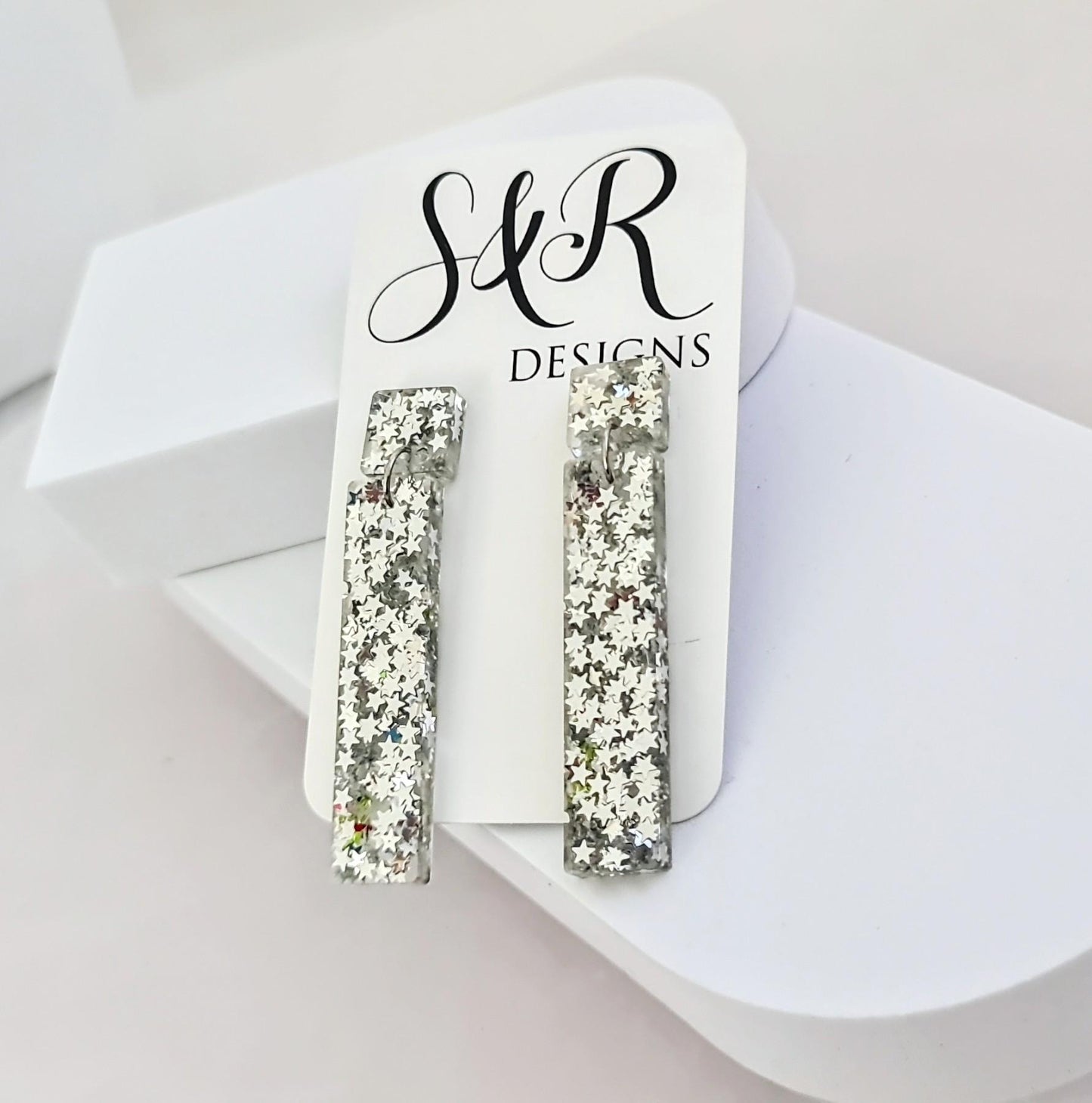 Silver Stars Dangle Earrings, Statement Earrings, Sparkly Glitter Bar Earrings, Lightweight Party Jewelry, Unique Rectangle Bar, Gift