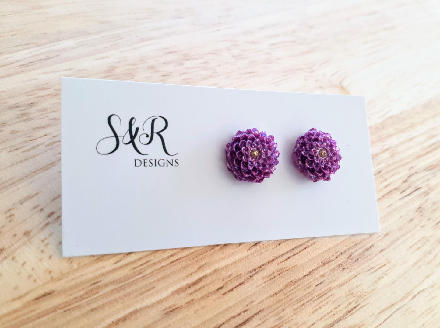 Flower Stud Earrings, Purple Chrysanthemum Flower Studs, Purple mix and Gold Resin, Stainless Steel Earrings