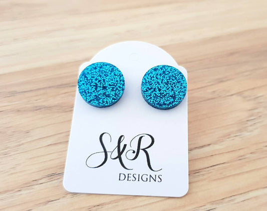 Aqua Blue Circle Studs, Blue Fine Glitter Circle Stud Earrings, Acrylic Earrings, Stainless Steel Earrings.