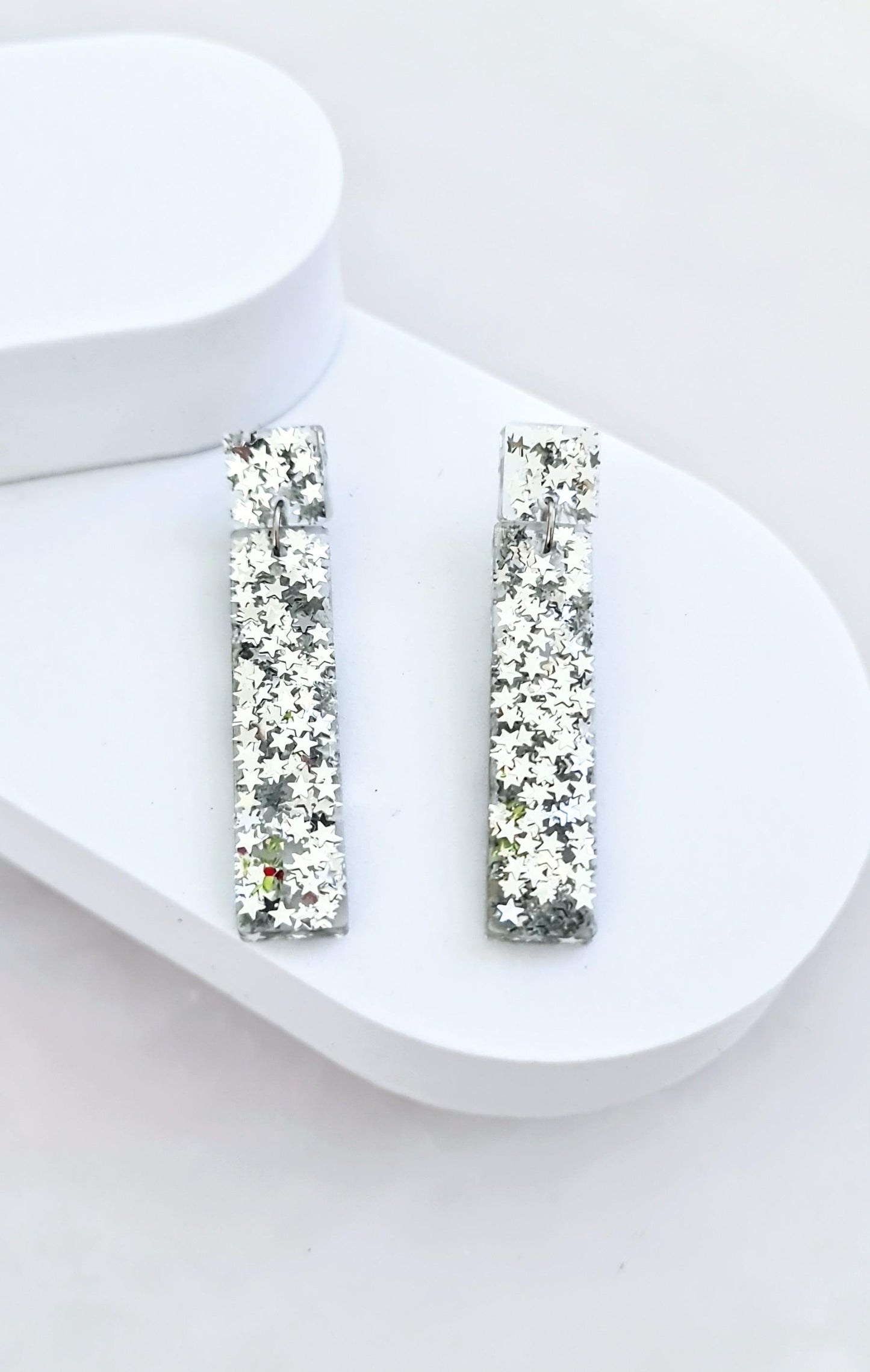 Silver Stars Dangle Earrings, Statement Earrings, Sparkly Glitter Bar Earrings, Lightweight Party Jewelry, Unique Rectangle Bar, Gift