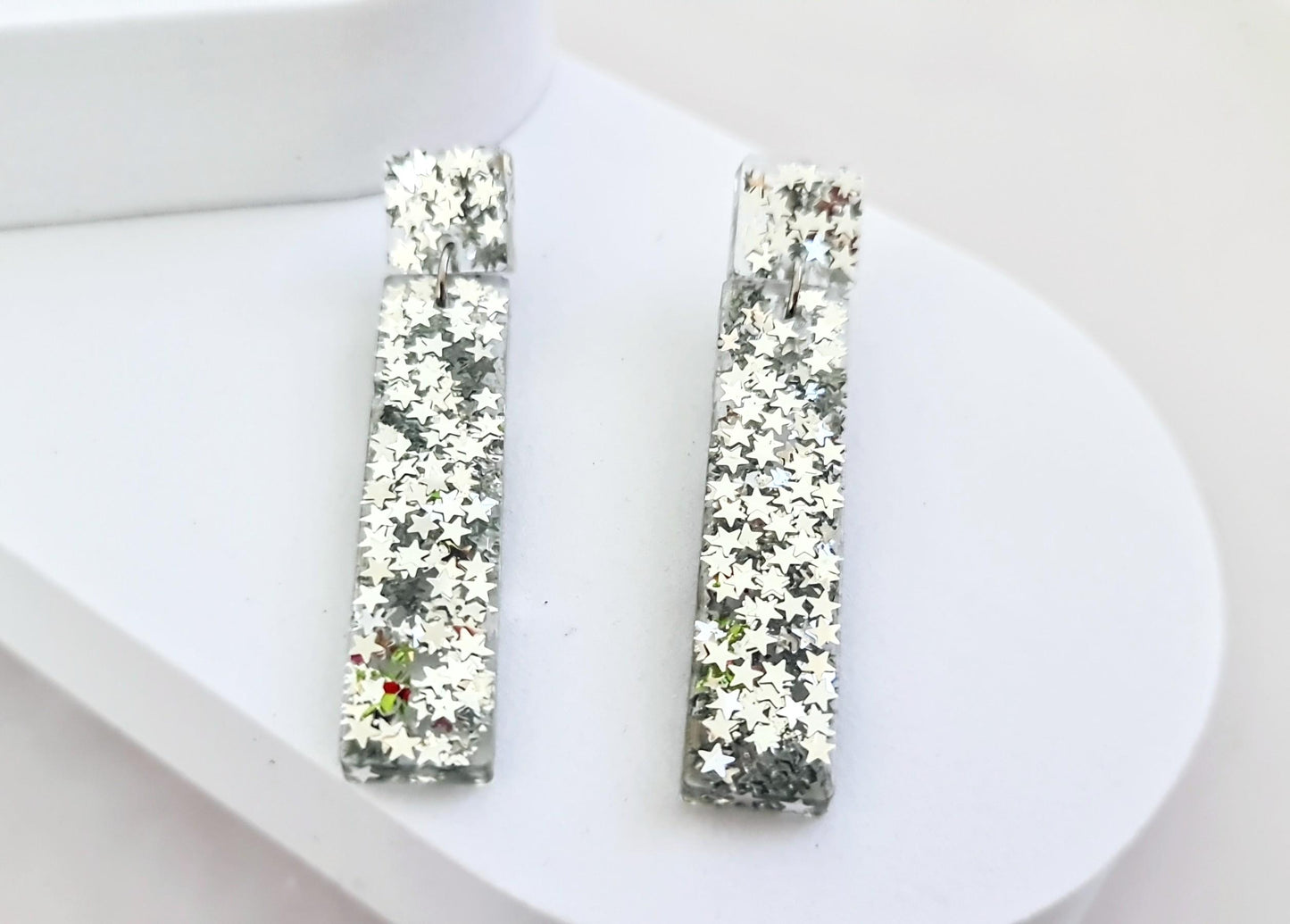 Silver Stars Dangle Earrings, Statement Earrings, Sparkly Glitter Bar Earrings, Lightweight Party Jewelry, Unique Rectangle Bar, Gift