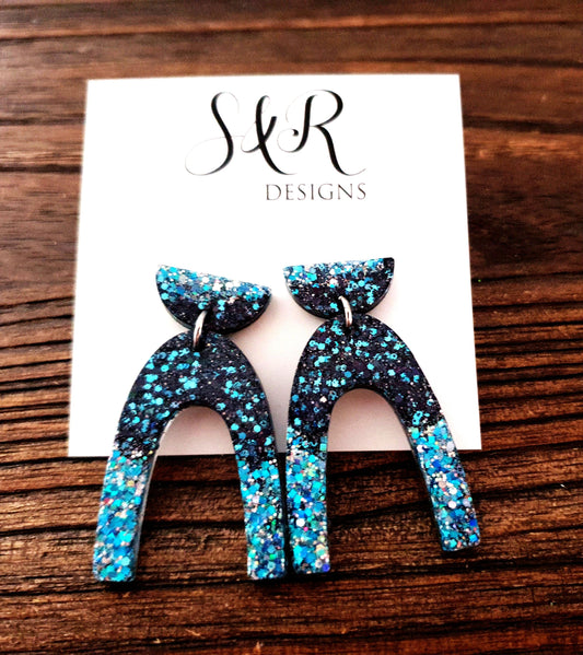 U Shape Resin Dangle Earrings: Ice Blue Black Glitter, Stainless Steel
