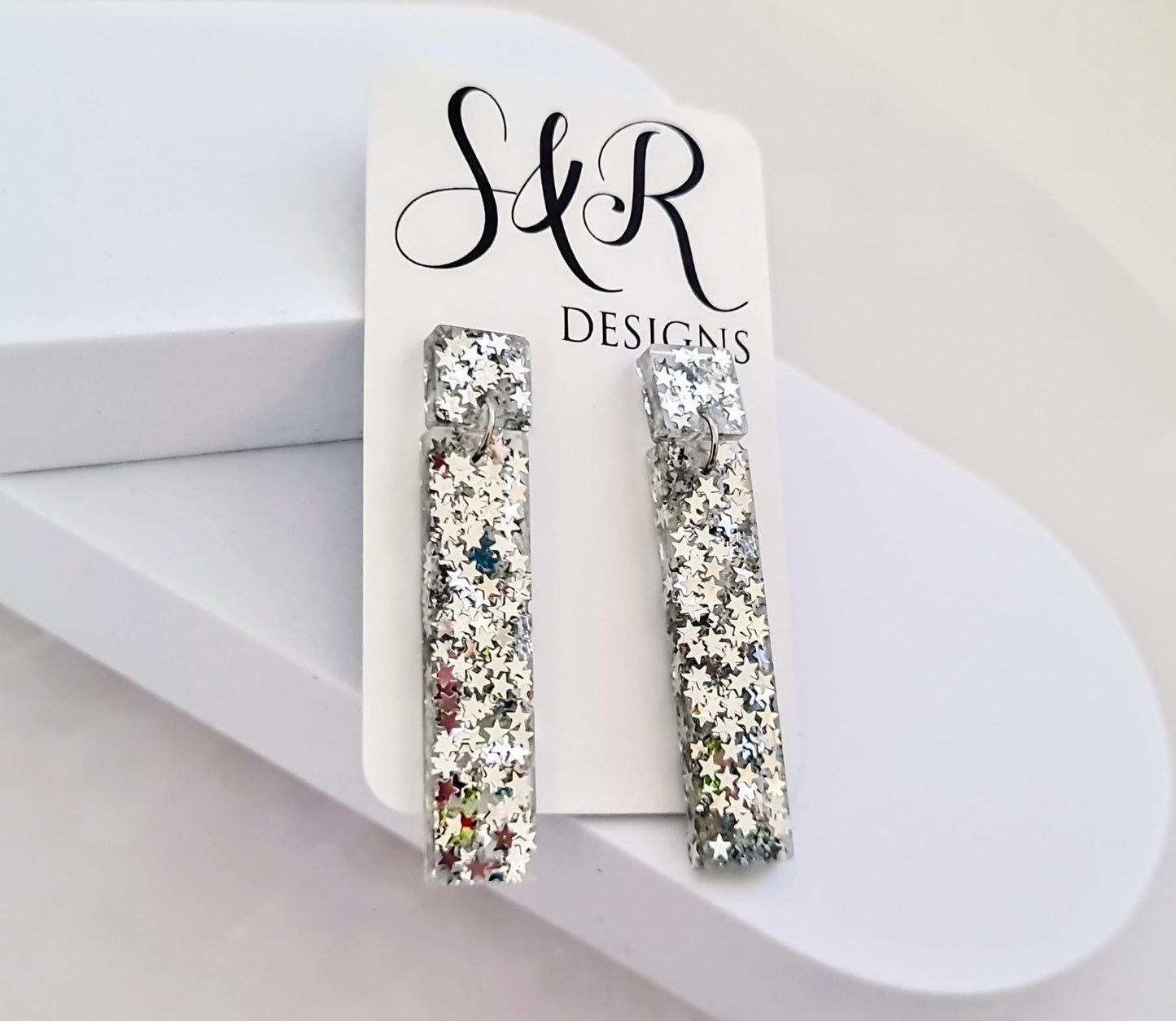 Silver Stars Dangle Earrings, Statement Earrings, Sparkly Glitter Bar Earrings, Lightweight Party Jewelry, Unique Rectangle Bar, Gift