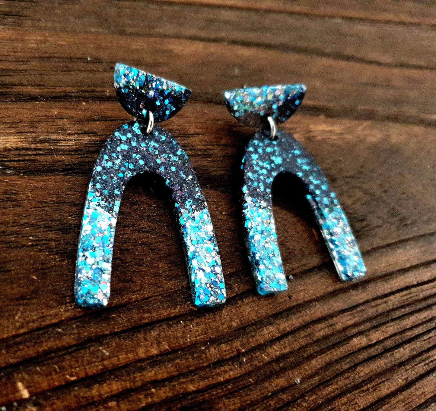 U Shape Resin Dangle Earrings: Ice Blue Black Glitter, Stainless Steel