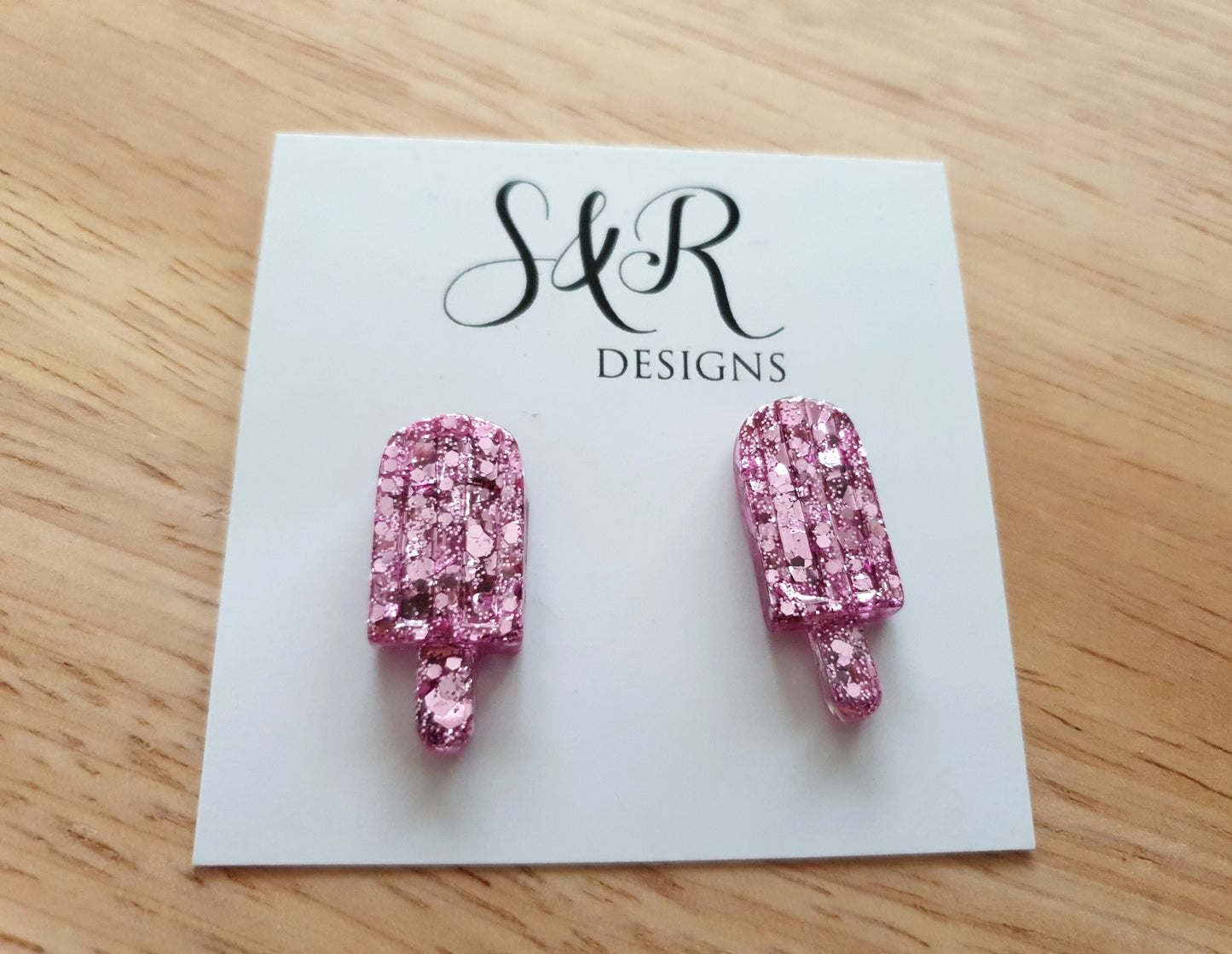 Pink Blush Icy Pole Stud Earrings, Light Pink Glitter Ice Cream Earrings, Statement Food Earrings