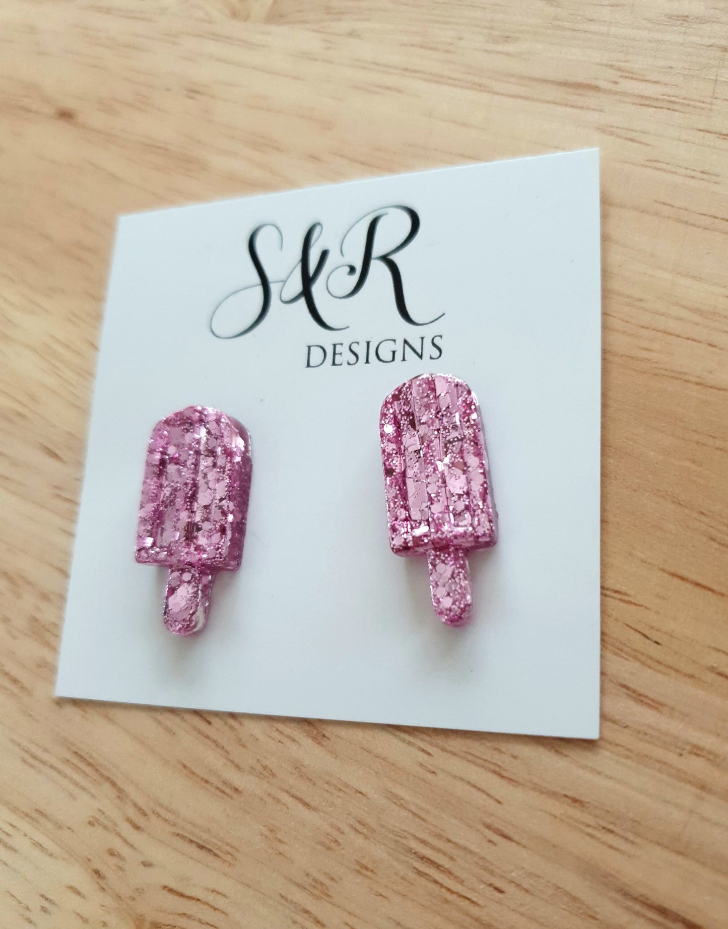 Pink Blush Icy Pole Stud Earrings, Light Pink Glitter Ice Cream Earrings, Statement Food Earrings