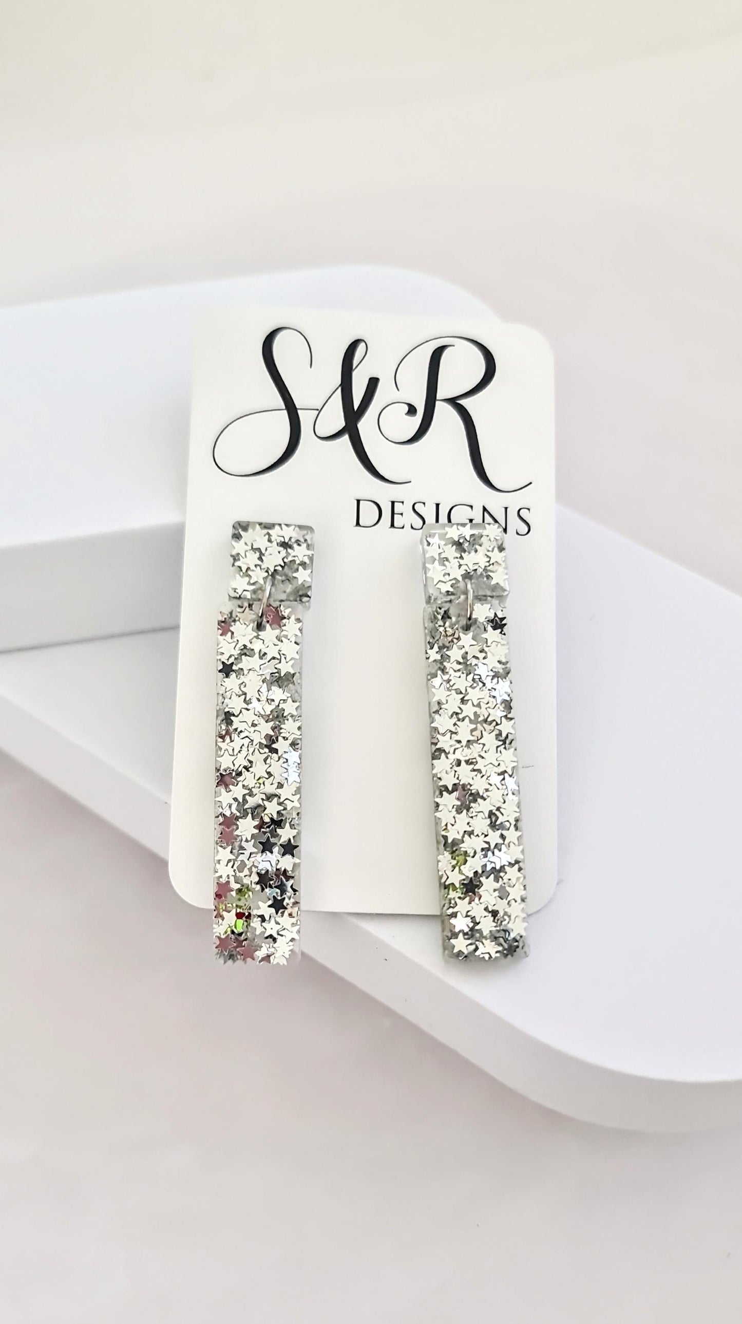 Silver Stars Dangle Earrings, Statement Earrings, Sparkly Glitter Bar Earrings, Lightweight Party Jewelry, Unique Rectangle Bar, Gift
