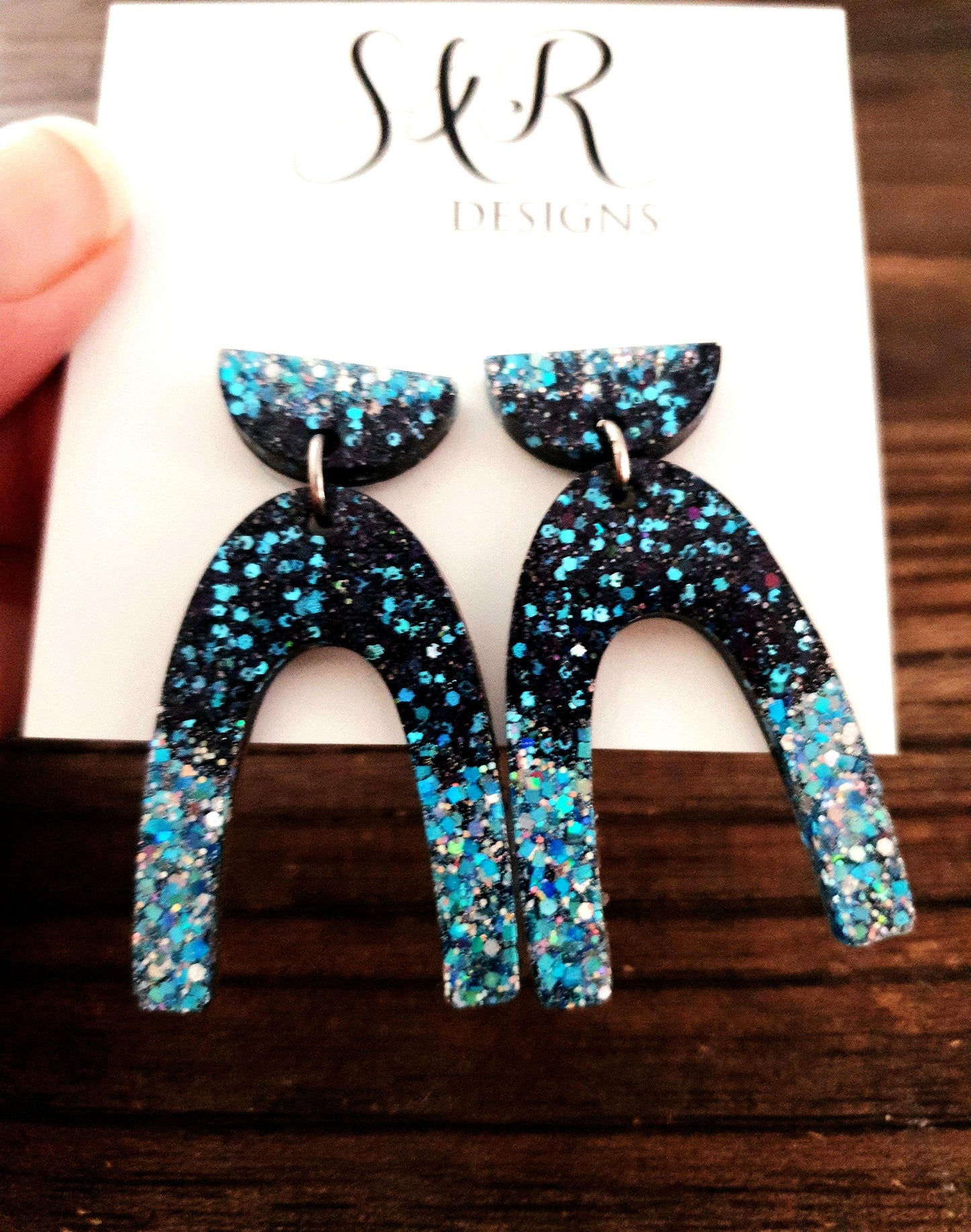 U Shape Resin Dangle Earrings: Ice Blue Black Glitter, Stainless Steel