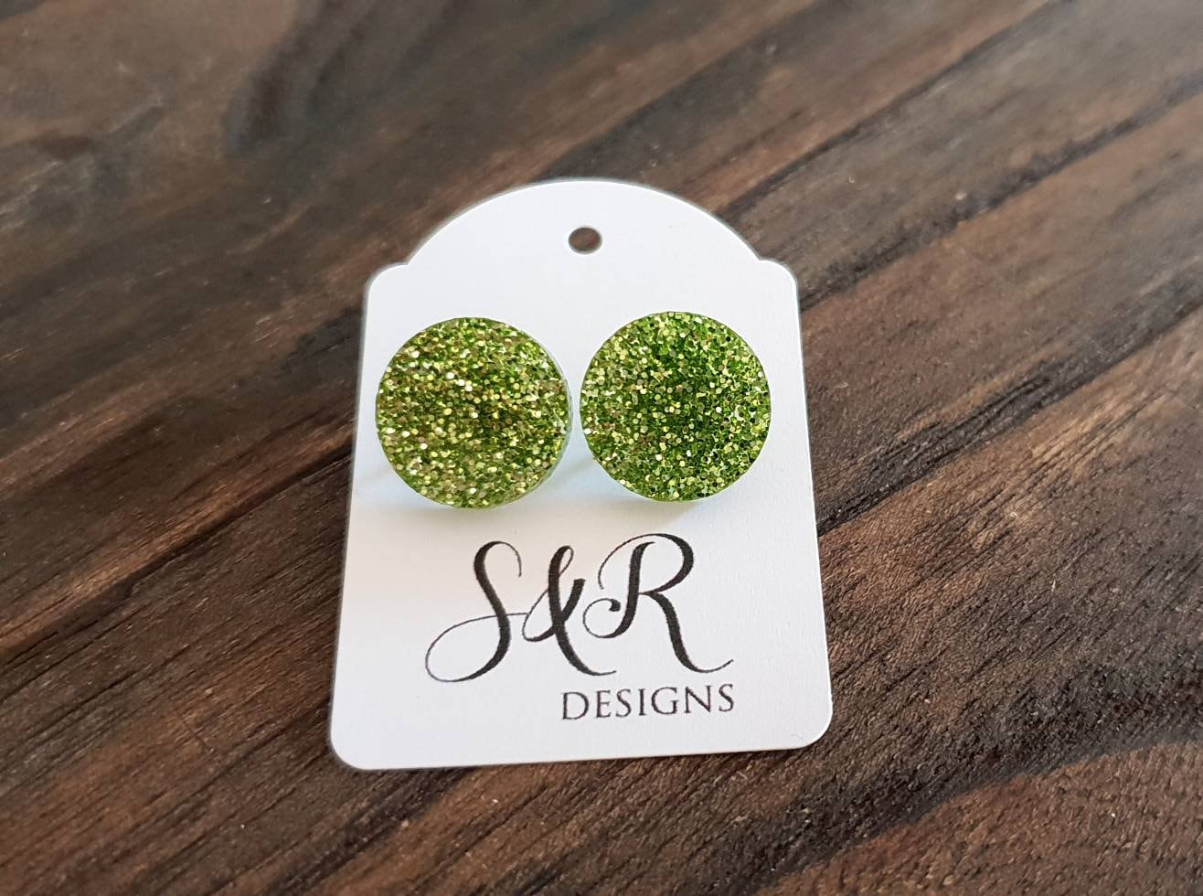 Light Green Fine Glitter Circle Stud Earrings, Acrylic Earrings, Stainless Steel Earrings.