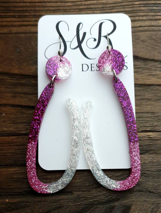 Large Unique Design Long Dangle Earrings, Purple Pink White Glitter Resin Dangle Statement Earrings