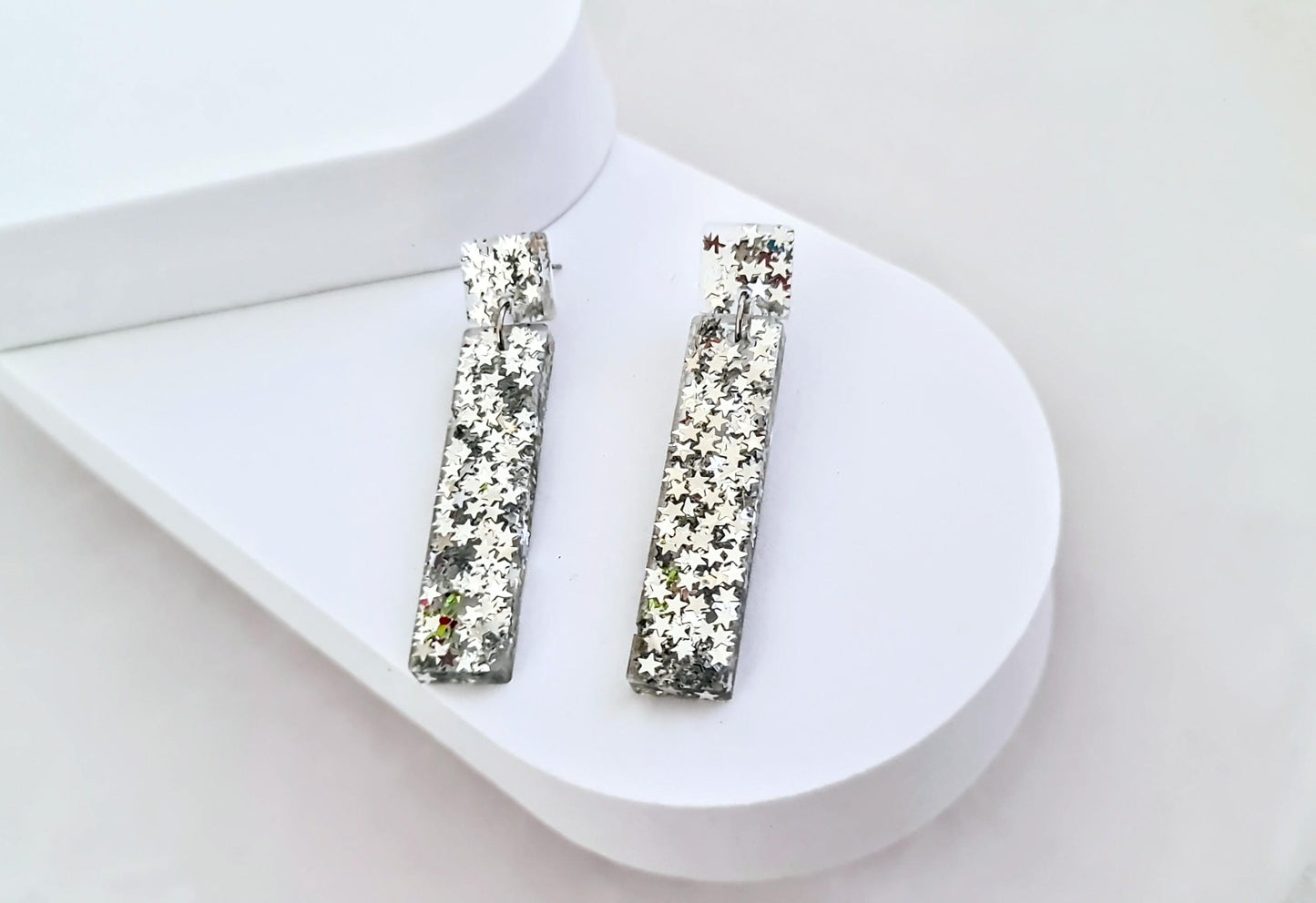 Silver Stars Dangle Earrings, Statement Earrings, Sparkly Glitter Bar Earrings, Lightweight Party Jewelry, Unique Rectangle Bar, Gift