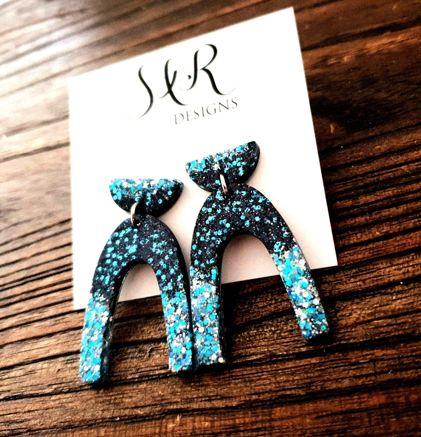 U Shape Resin Dangle Earrings: Ice Blue Black Glitter, Stainless Steel