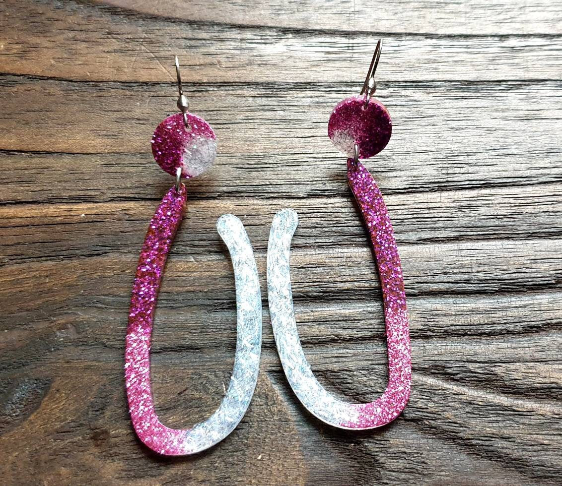 Large Unique Design Long Dangle Earrings, Purple Pink White Glitter Resin Dangle Statement Earrings
