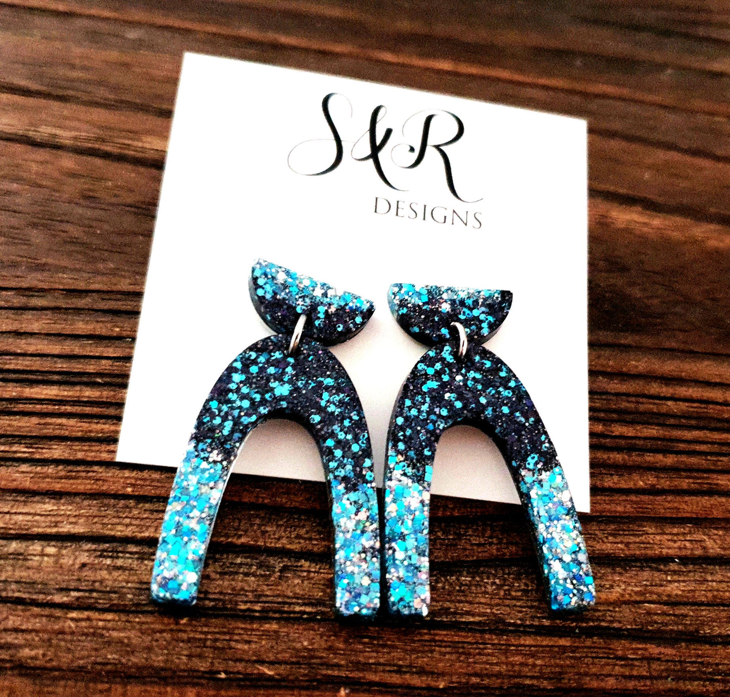 U Shape Resin Dangle Earrings: Ice Blue Black Glitter, Stainless Steel