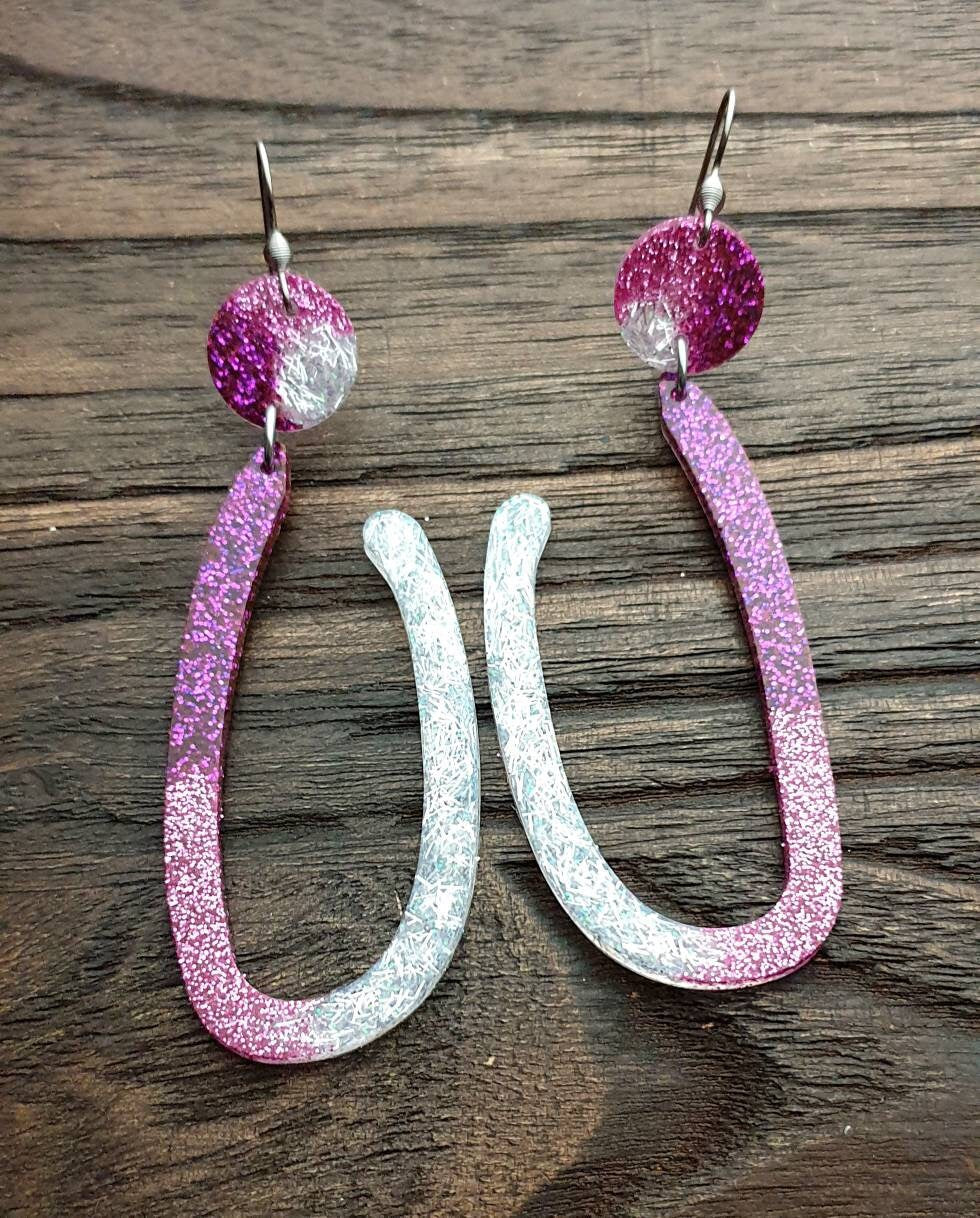 Large Unique Design Long Dangle Earrings, Purple Pink White Glitter Resin Dangle Statement Earrings