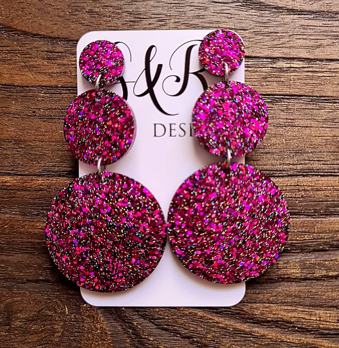 Circle Long Resin Earrings, Statement Hot Pink Black Holographic Glitter Earrings, Bridal Earrings, Bridesmaid, Stainless Steel Earrings.